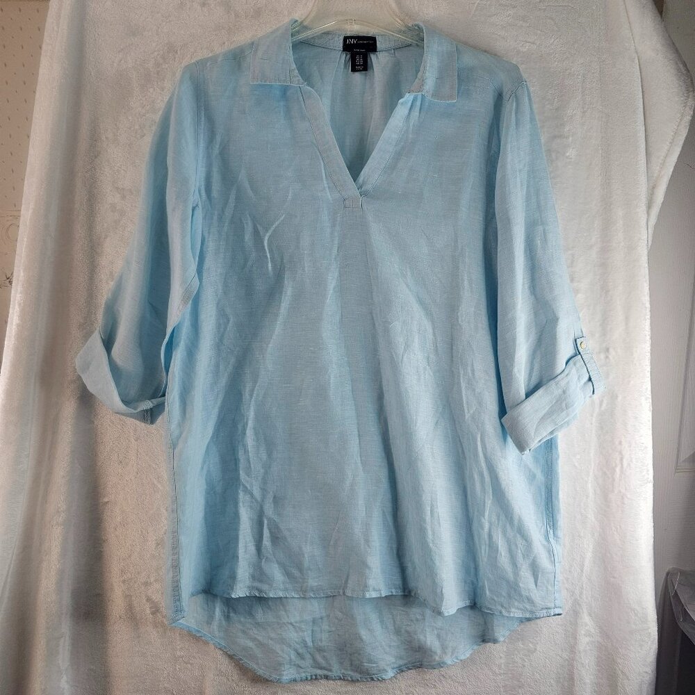 Jones New York 100% Linen Blue Tunic Shirt V-Neck Collared Sz 1X roll Tab Sleeve